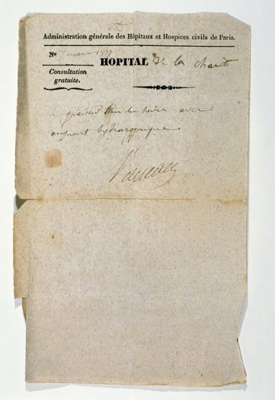 Bezplatný předpis z Hopital de la Charite, Paříž, 7. března 1837 od French School