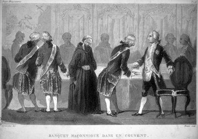 Freemaking: Maconnic banket v klášteře. Rytina z knihy "Picturesque Histoire de la Franc Maconnerie et des Societes Secretes antique et modernes" od F.-T. B. Clavel. Pagnerre, editor. 1843. od French School