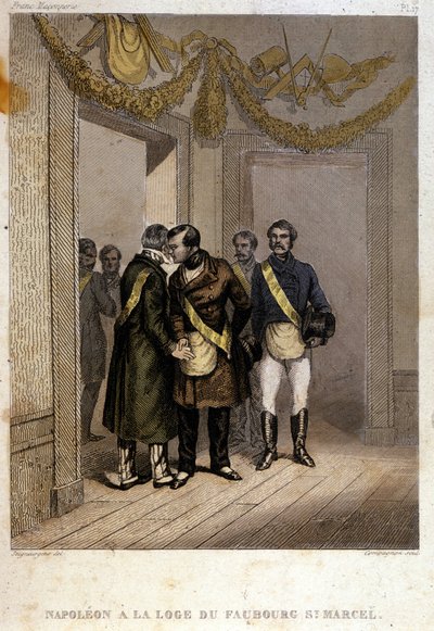 Freemaking: Napoleon Joseph Charles Paul Bonaparte, přezdívaný princ Jerome nebo Plonplon, který byl identifikován u vchodu do chrámu Faubourg Saint Marcel. Rytina z „“ Malebné historie svobodného zednářství a starověkých tajných společností od French School