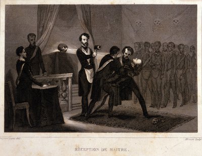 Freemaking: přijímací a iniciační obřad mistra. Rytina z knihy "Picturesque Histoire de la Franc Maconnerie et des Societes Secretes antique et modernes" od F.-T. B. Clavel. Pagnerre, editor. 1843. od French School