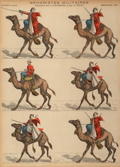 Francouzská armáda Meharistes (velbloudí kavalérie) v Alžírsku (barevná rytina) od French School