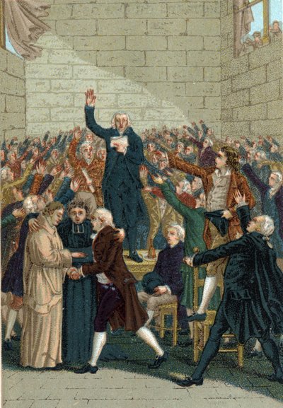 Francouzská revoluce (1789-1799). Přísaha Jeu de Paume ve Versailles dne 20. června 1789 uprostřed Jeana Sylvaina Baillyho (1736-1793). od French School