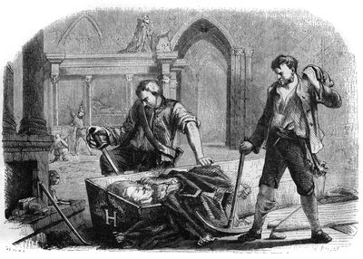 Francouzská revoluce (konvence): otevření rakve krále Jindřicha IV. (1553-1610) při znesvěcení královských hrobek kostela Saint Denis v roce 1793. Rytina z roku 1860. od French School