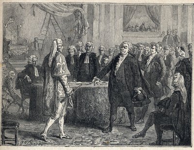 Francouzská revoluce - Valné shromáždění dne 23.06.1789: Honore Gabriel (Honore-Gabriel) Riqueti, hrabě z Mirabeau (1749-1791) oslovuje Henriho Evrarda (Henri-Evrard), markýze z Dreux Breze (Dreux-Breze) (1762- 1829). Rytina z roku 1889. Soukromá sbírka. od French School