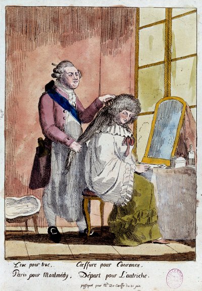 Francouzská revoluce: Karikatura útěku královské rodiny do Varenne ve dnech 20. a 21. 6. 1791: Král Ludvík XVI. ve stylu královny Marie Antoinetty měl odjet s falešným pasem guvernantky dětí baronky Korffové. Anonymní kol. od French School