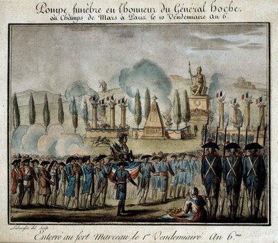 Francouzská revoluce: “” Ceremoniál funebre pumpy na počest generála Lazare Hoche (1768-1797) na Champs de Mars v Paříži 10. pátečního roku 6”” Rytina z roku 1797. Versailles, muzeum Lambinet od French School