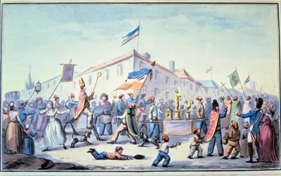 Francouzská revoluce: „“ Formovaná maškaráda lidu se obléká do kněžského oděvu““. Anonymní akvarel. 1793. Paříž, Knihovna L