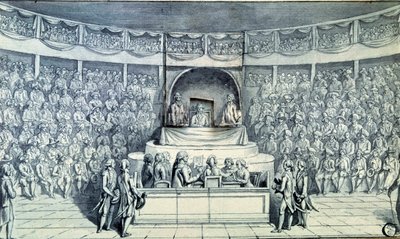 Francouzská revoluce: Král Ludvík XVI. (1754-1793) v čele je vyslýchán Antoinem Barnavem (1761-1793) během jeho soudu před Národním shromážděním, které 21.1.1793 rozhodne o jeho rozsudku smrti. Anonymní kresba kolem roku 1793. Paříž, Louvre Museu od French School