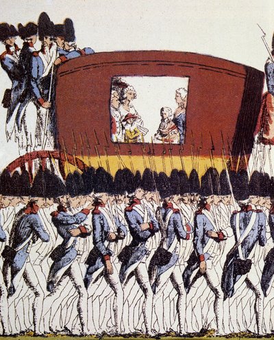 Francouzská revoluce: Návrat královské rodiny do Paříže 25. června 1791 po zatčení ve Varennes 20. a 21. června 1791. Eau-forte coloriee anonym 1791 Sun. 23,2x34,6 Paříž, Musee Carnavalet. od French School