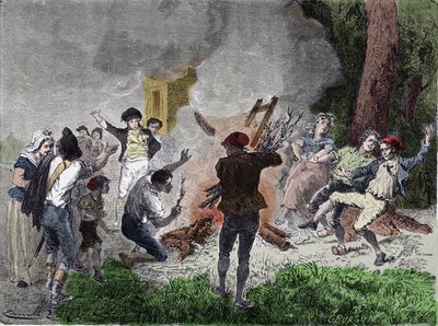 Francouzská revoluce: „“ Lidé spálili telegraf Clauda Chappeho v parku Saint-Fargeau v Menilamount v září 1792 v domnění, že se jedná o zařízení určené ke komunikaci s královskou rodinou zavřenou ve vězení chrámu““ „Rytina od French School