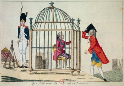 Francouzská revoluce: „Co děláš, já jsem v pokání“ Král Ludvík XVI. (1754-1793) představuje v kleci v předvečer svého letu do Varennes v červnu 1791. Satirická rytina Paříž, Knihovna Arsenalu od French School