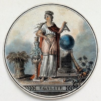 Francouzská revoluce: alegorie Egalite jako ženy držící čtverec poblíž Francouzské republiky, roh hojnosti. Konec 18. století Paříž, B.N. od French School
