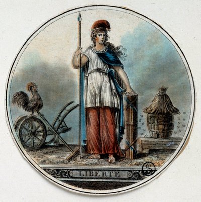 Francouzská revoluce: alegorie Liberte jako ženy poblíž včelího úlu a kohouta. Konec 18. století Paříž, B.N. od French School