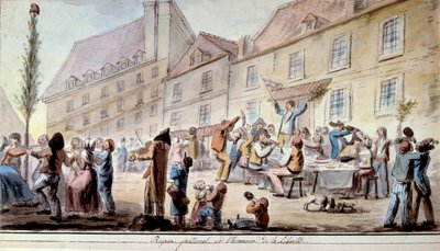 Francouzská revoluce: bratrské jídlo na počest svobody v červnu 1793. Vlastenci a Pařížané slaví Liberte. V tomto období se poprvé objevilo heslo „Svoboda, rovnost, bratrství“. Akvarel z roku 1793. Paříž, Knihovna Arsenalu od French School
