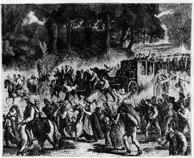 Francouzská revoluce: příchod královské rodiny (Ludvík XVI. a Marie Antoinetta) do Paříže, 5. října 1789 - rytina. od French School