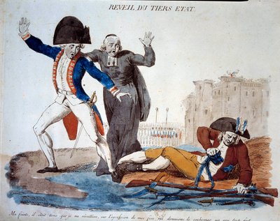 Francouzská revoluce: probuzení třetího státu (třetího státu). Karikatura na tři objednávky. Pod vyděšenýma očima armády a duchovních se osvobodil ze svých řetězů. Francouzský tisk z roku 1789. Paris, B.N. od French School