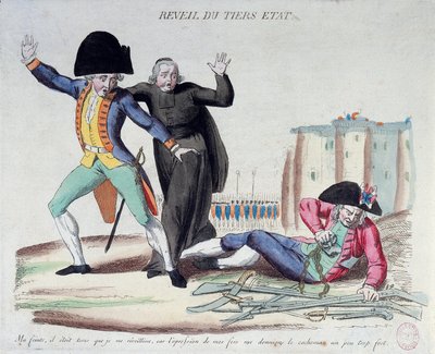 Francouzská revoluce: probuzení třetího státu (Third State). Karikatura tří řádů. Osvobodil se z okovů pod vyděšenými zraky armády a duchovních. Francouzský tisk z roku 1789. Paříž, B.N. od French School
