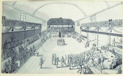 Francouzská revoluce: zrození ústavy v září 1791 redigested Guy Jean-Baptiste Target (1733-1807) v místnosti Jeu de Paume ve Versailles, kde deputáti složili přísahu dne 20.06.1789. Anonymní kresba kolem roku 1791. Paris, Lou od French School