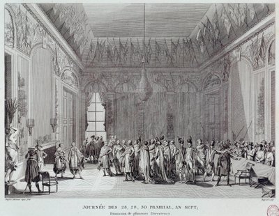 Francouzská revoluce: dny 28., 29. a 30. prérie roku VII, která vedla 18. června 1799 ke státnímu převratu abbé Emmanuela-Josepha Sieyese (1748-1836) (neboli pomstě koncilů) a viděl demisi několika thermidorských ředitelů. Gravírování o od French School