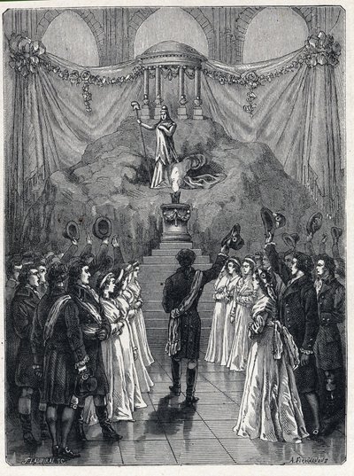 Francouzská revoluce: bohyně rozumu v Cathedrale Notre Dame (Notre-Dame) v Paříži během oslavy na „počest zničení fanatismu““ 10. listopadu od French School