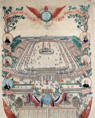 Francouzská revoluce: pohled na slavnost národní federace 14. července 1790 na Champs de Mars. Rytina z roku 1790. Paříž, Národní archiv od French School