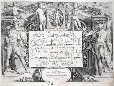 Francouzská kaligrafie: Technografie, frontispis Guillauma Gangneura kolem roku 1599. Historická knihovna města Paříže. od French School