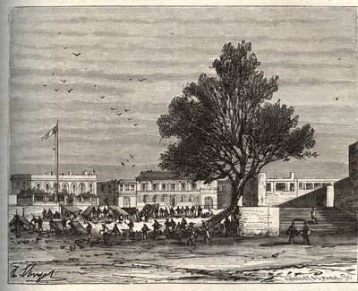 Francouzské kolonie v Africe – Place du gouvernement a Goree – rytina „La France illustree: geografie, historie, statistická správa“ od V.A. Sladově hnědá. 1884 od French School