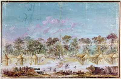 Osada francouzských kolonistů na pláži Kourou, Guyana v roce 1763 (wc na papíře) od French School