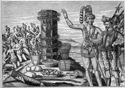 Francouzská kolonie v Americe: Floriďané milují pamětní sloup erigee od Rene de Laudonniere na památku španělských útoků na francouzské protestantské kolonie v roce 1564. Z rytiny ze 16. století. V „La Marine et les colonies: commerce“ od French School