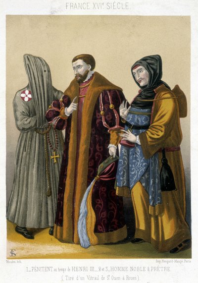 Francouzské kostýmy v 16. století: Vlevo kajícník, uprostřed šlechtic a vpravo kněz. Ilustrace 19. století od Saint Ouen po Rouen. od French School