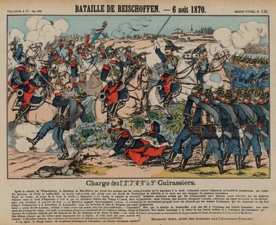 Francouzští kyrysníci útočící na pruskou pěchotu v bitvě u Reichshoffenu, francouzsko-pruská válka, 6. srpna 1870 (barevná rytina) od French School