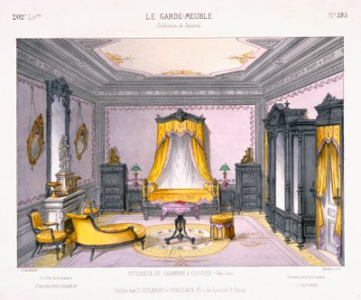 Francouzský design pro interiér ložnice v neořeckém stylu ze vzorníku Le Garde-Meuble, Vydalo nakladatelství D Guillard, Paříž od French School