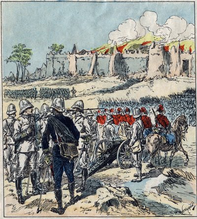 Francouzská expedice do Dahomey (dnešní Benin). Generál Dodds tvoří své útočné kolony před Abomey od French School