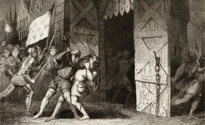 Francouzští rytíři zaútočili na město držené Angličany během 100leté války, z „Histoire de France“ od Colarta, vydané kolem roku 1840 od French School