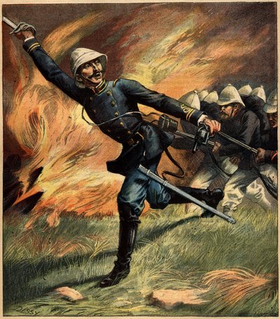 Francouzský důstojník v Tonkinu (Indočína) během bitvy proti čínské armádě; 1891. Rytina v "La Terre Illustree" č. 69 z 25. února 1892. od French School