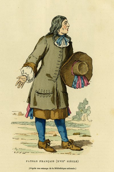 Francouzský selský kroj v 18. století. Barevná rytina podle tisku národní bibliotéky ve „Francie et les francais a travers les století“ od Augustina Challamela, editora F. Roye, Paříž 1882. Selva Collection. od French School