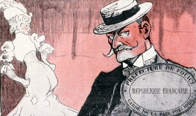 Francouzská policie zkoumala prostitutku, než ji zatkla. Francie 19. století. Francouzská ilustrace 1890 od French School