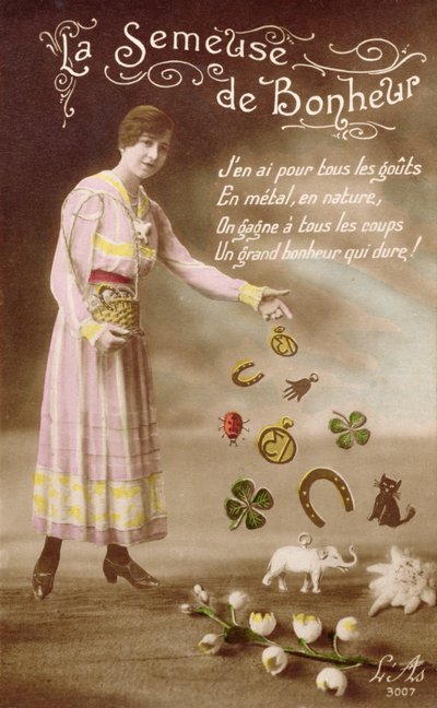 Francouzská pohlednice zobrazující La Semeuse de Bonheur (Rozsévač štěstí), 29. března 1914 od French School