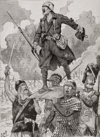 Francouzský propagandistický plakát s názvem „Na Les Aura“, aneb My je budeme mít. Čtyři vojáci z různých historických období nesou na štítu zraněného, ale vzdorného vojáka z první světové války. Z Agenda Buvard du Bon Marche publikované v roce 1917. od French School