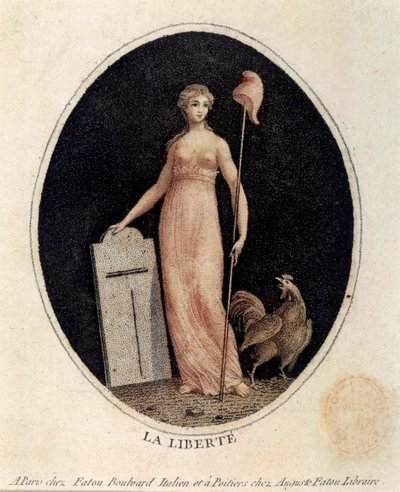 Francouzská revoluce: alegorie svobody v rysech ženy, nesoucí frygickou čepici na kopí, s kohoutem u nohou. Tisk z konce 18. století Paříž, Musee Carnavalet od French School