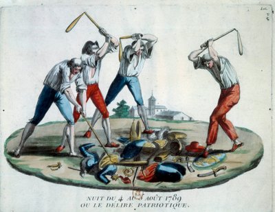 Francouzská revoluce: alegorie noci 4. 8. 1789, která viděla zrušení feodních privilegií a práv. Příslušníci lidu Patriot ničí symboly šlechty, duchovních a brnění. Rytina z roku 1789. Paříž, Knihovna Arsenalu od French School