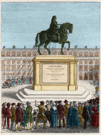 Francouzská revoluce: svržení sochy krále Ludvíka XIV. (1643-1715), Place Vendome v Paříži od French School