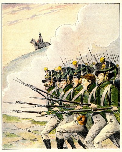 Francouzští vojáci během bitvy u Waterloo (barva litho) od French School