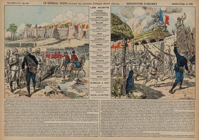 Francouzské jednotky pod velením generála Alfreda-Amedee Doddse útočí na Abomey, Dahomey, druhá francouzsko-dahomská válka od French School