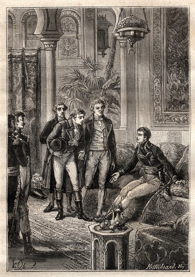 Friedrich Konrad Hornemann (1772-1801) se setkal s Napoleonem Bonapartem v Káhiře v roce 1797 za přítomnosti Gasparda Monge (1746-1818) a Clauda Louise Bertholleta (1748-1822) - ilustrace převzata z „The Great Mariners of the 18th century“ od French School