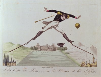 Od vysokého k nízkému... aneb Příčiny a následky, karikatura Napoleonovy zahraniční politiky, kolem roku 1814 od French School