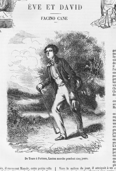 Z Tours do Poitiers, Lucien de Rubempre šel pět dní, ilustrace z „Les Illusions perdues“ od Honore de Balzaca od French School