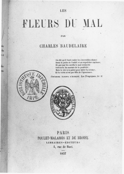 Přední strana obálky prvního vydání Les Fleurs du mal od Charlese Baudelaira (1821-67) vydaného nakladatelstvím Poulet-Malassis et de Broise, 1857 od French School