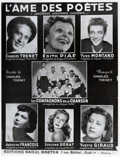 Přední strana obálky partitury písně LAme des Poetes se slovy a hudbou Charlese Treneta, vydané v Paříži nakladatelstvím Editions Raoul Breton od French School