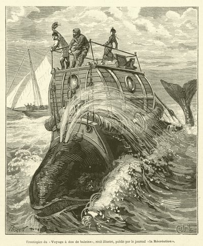Frontispiece of the Voyage na hřbetě velryby, ilustrovaný příběh, publikoval noviny La Recreation (rytina) od French School